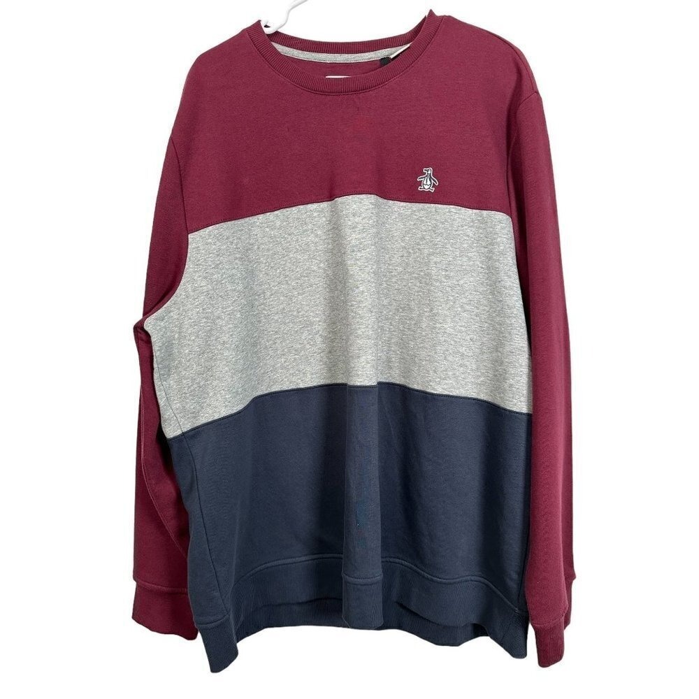 Original Penguin Mens XXL Colorblock Crewneck Sweatshirt Burgundy Gray Navy